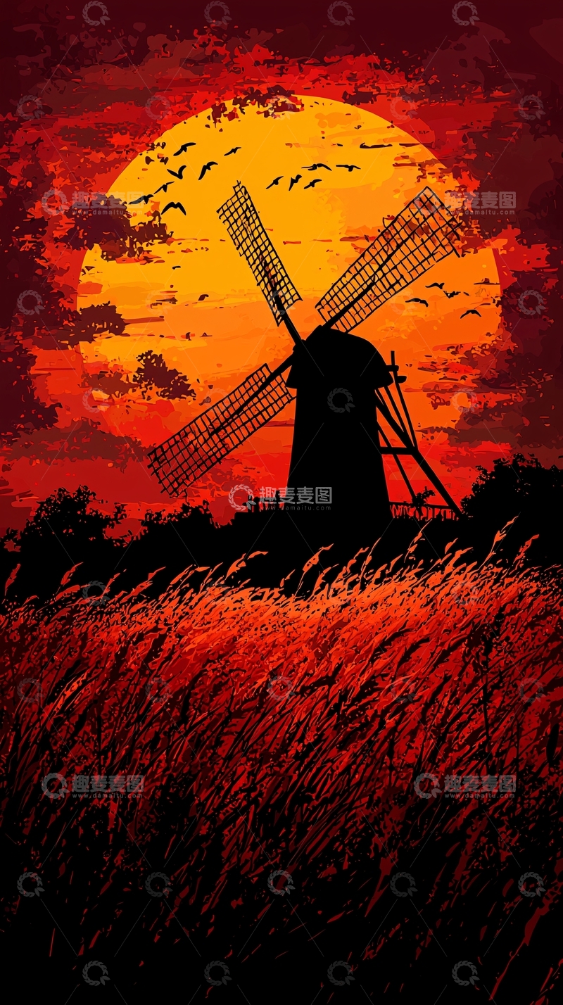 高清大图下载【趣麦麦图】日落风车剪影
