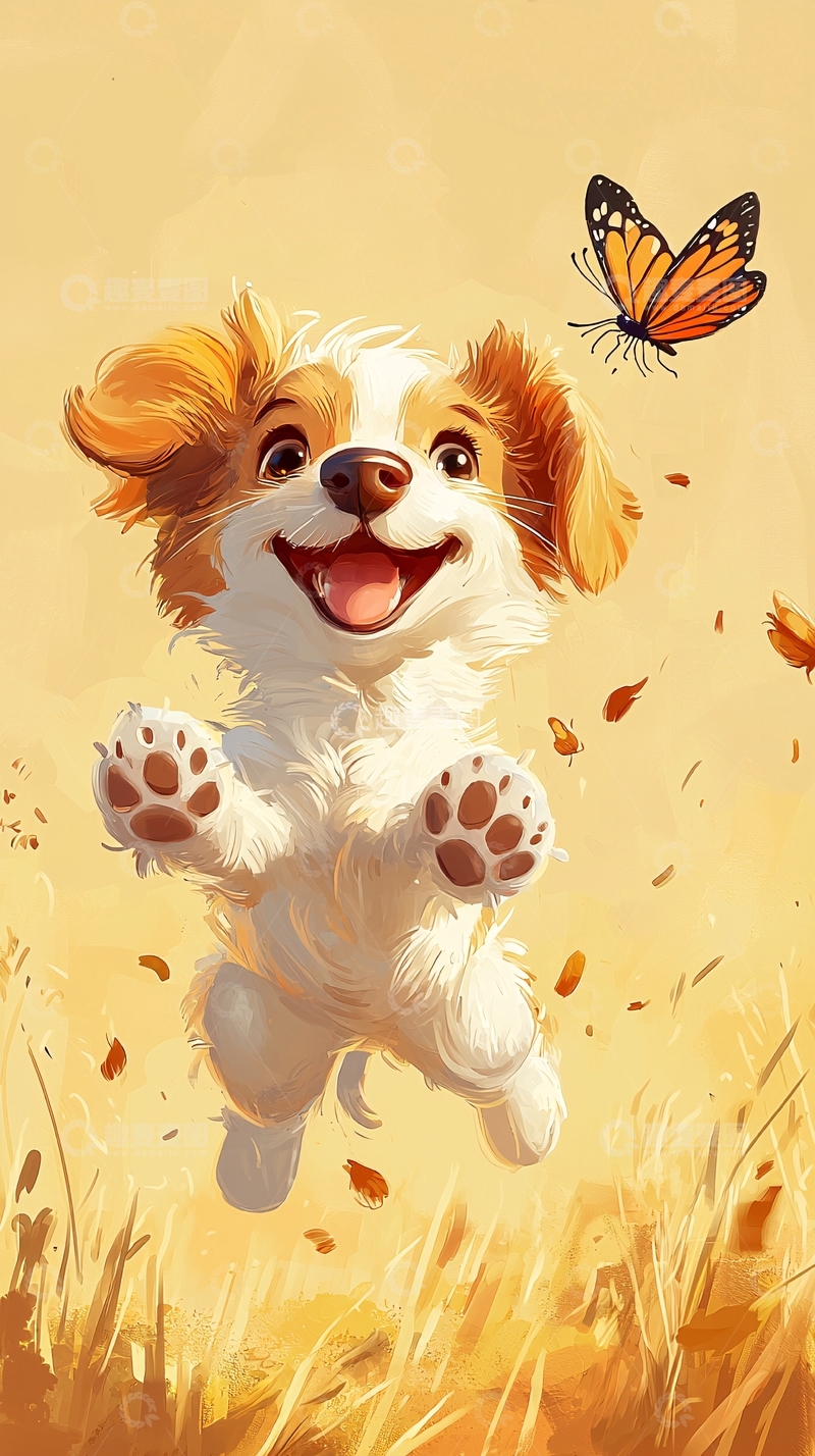 高清大图下载【趣麦麦图】可爱小狗追逐蝴蝶的卡通画