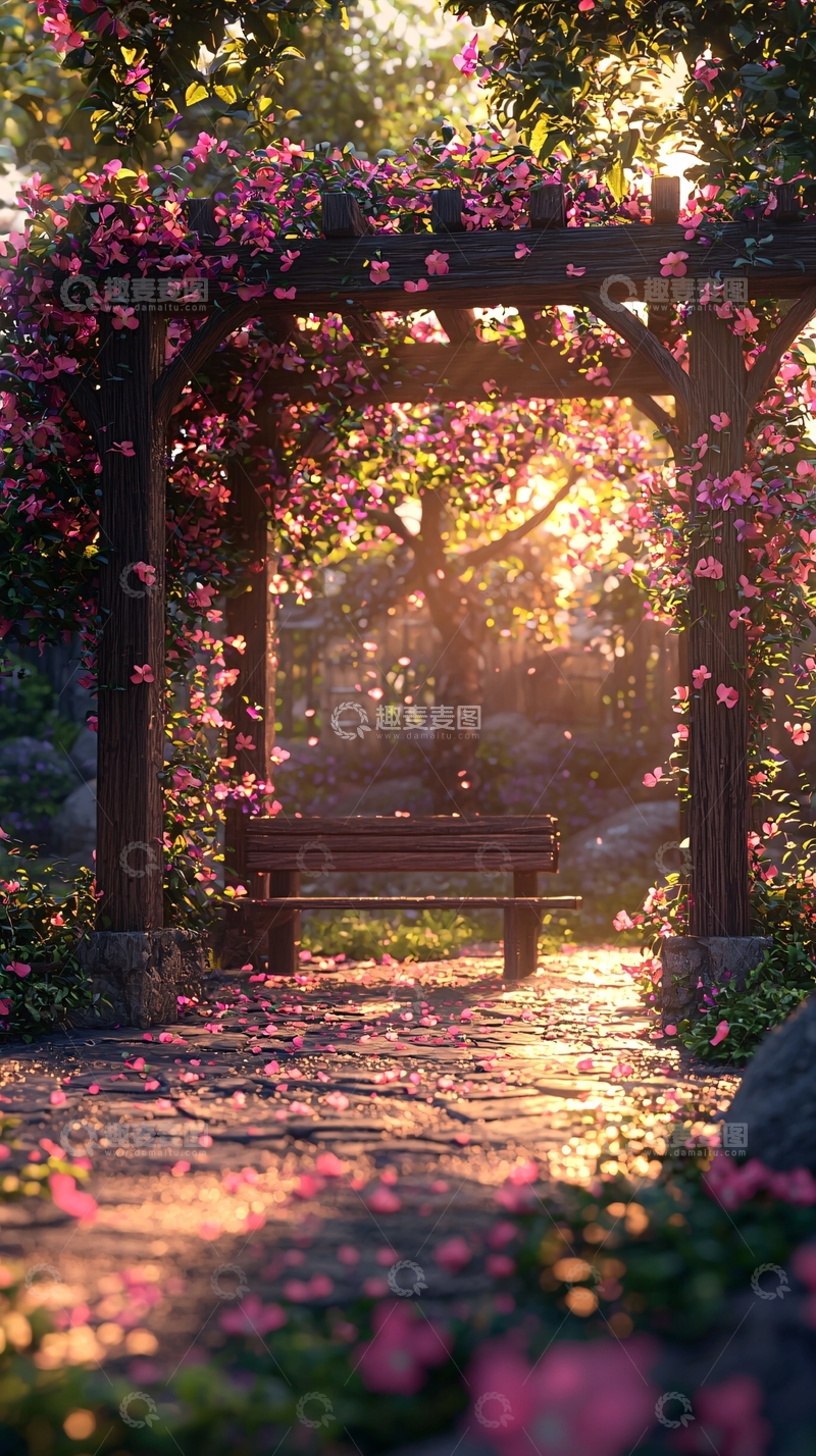 高清大图下载【趣麦麦图】阳光洒在花架长椅上