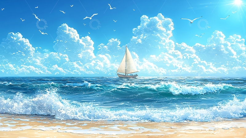 高清大图下载【趣麦麦图】蓝天白云帆船海浪沙滩的风景