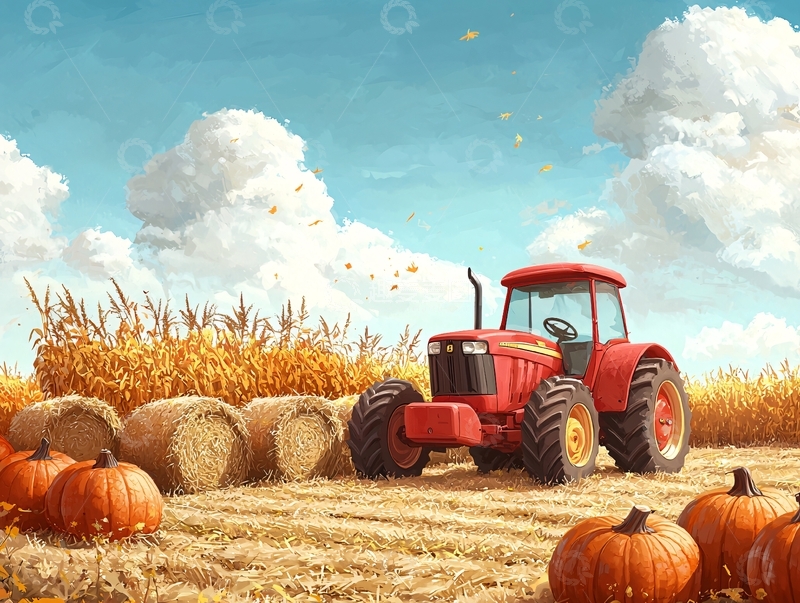 高清大图下载【趣麦麦图】秋日田野的红色拖拉机