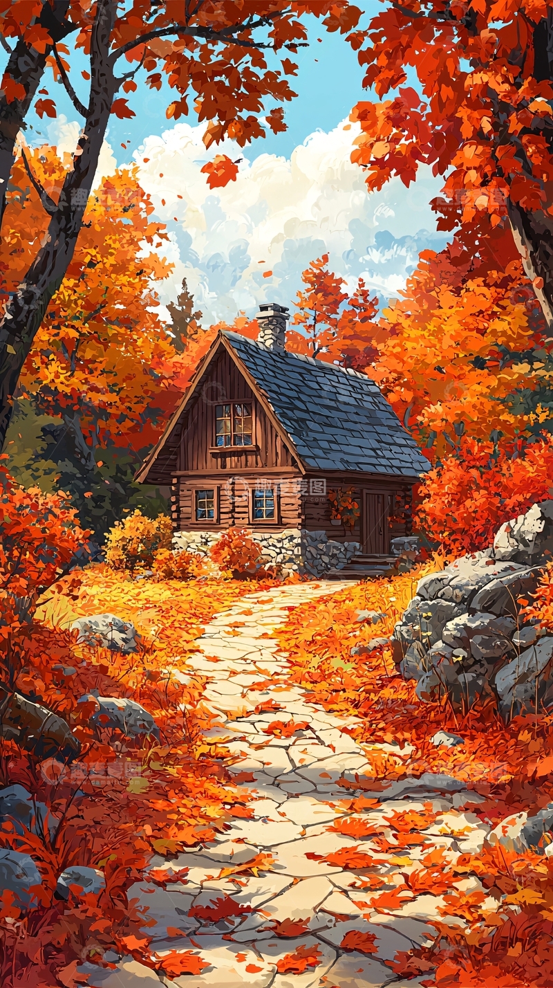 高清大图下载【趣麦麦图】秋日小屋被红叶环绕