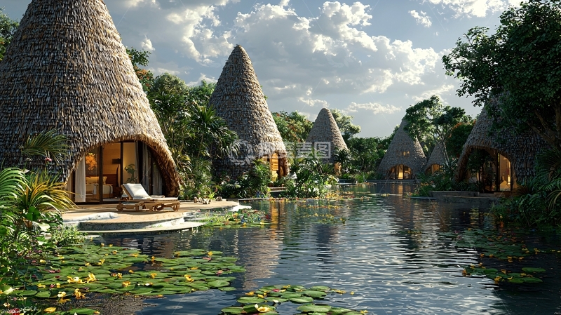 高清大图下载【趣麦麦图】热带雨林茅草屋度假村