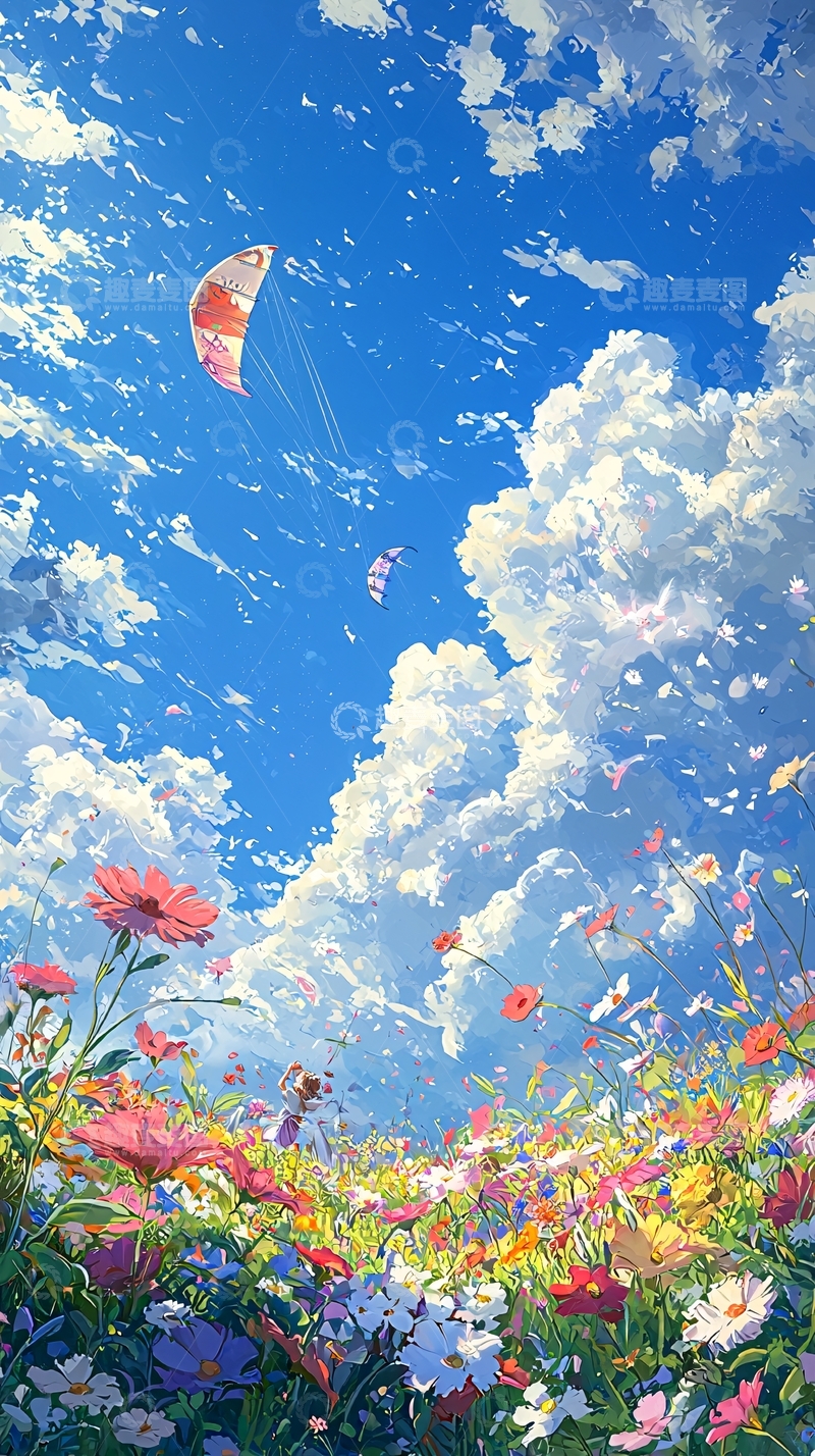 高清大图下载【趣麦麦图】蓝天白云鲜花风筝