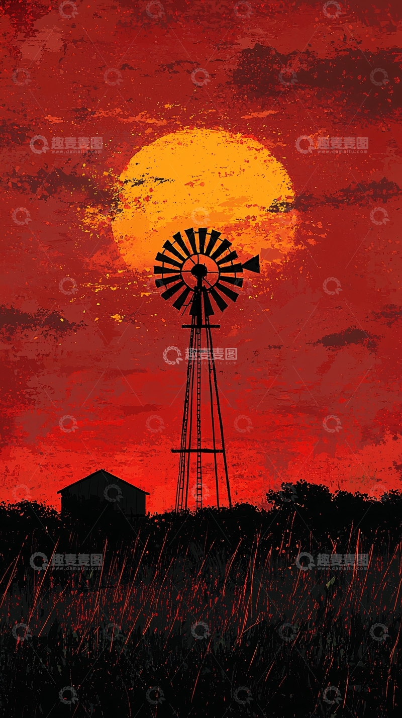 高清大图下载【趣麦麦图】红色日落下的风车