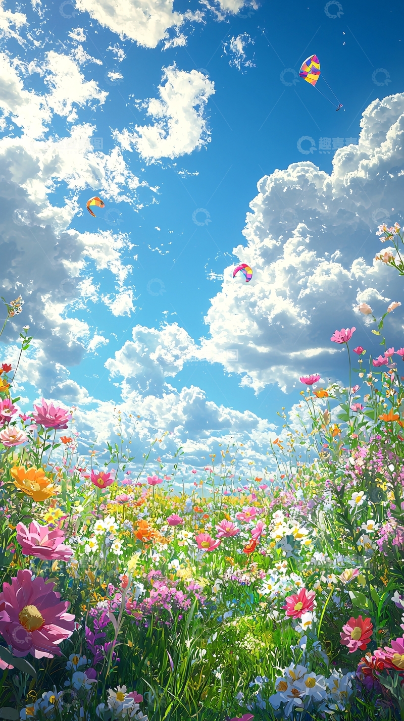 高清大图下载【趣麦麦图】蓝天白云鲜花盛开