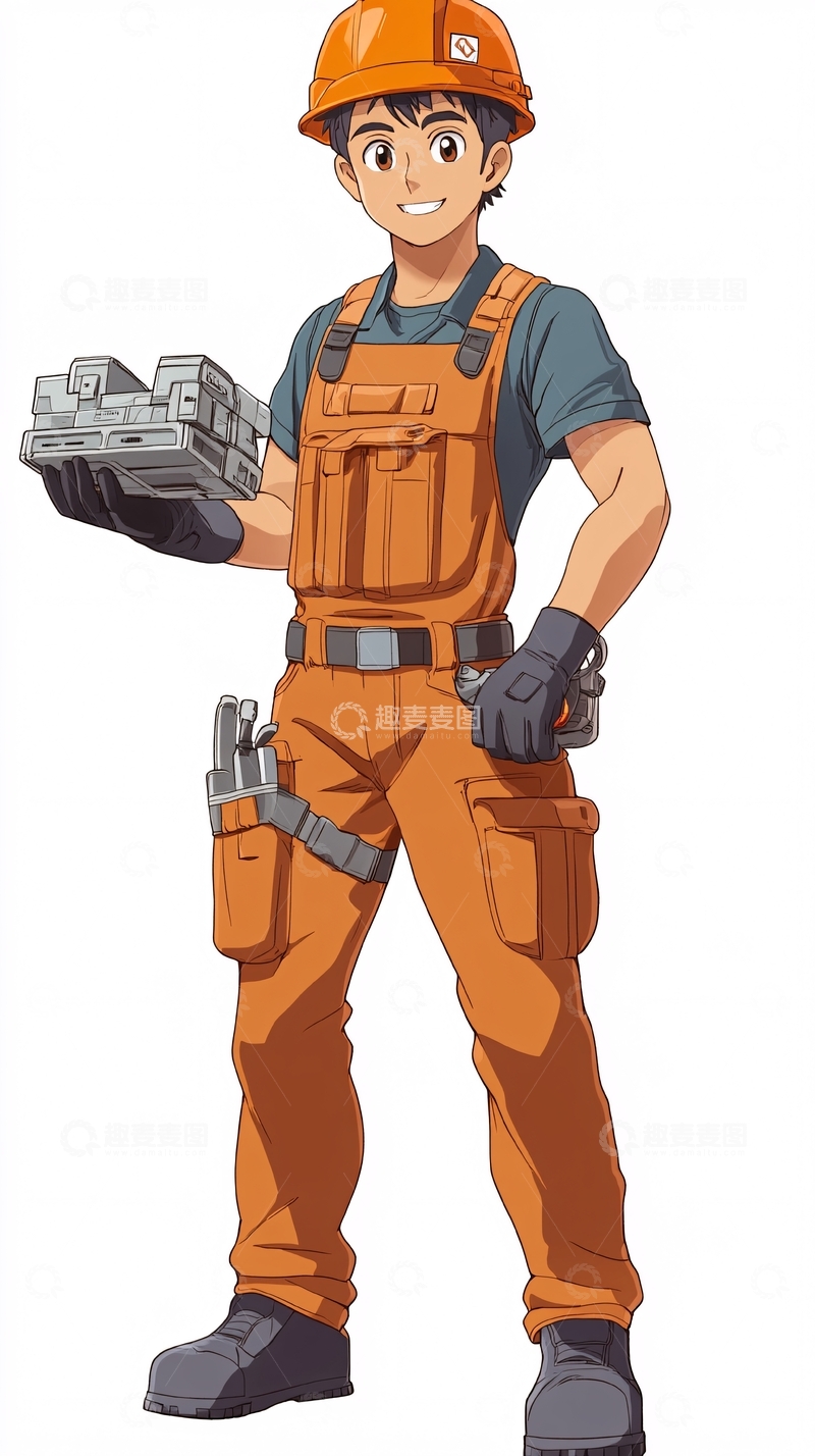 高清大图下载【趣麦麦图】穿着橘色工作服的年轻工人