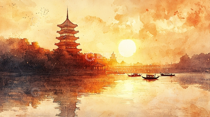 高清大图下载【趣麦麦图】中国风水墨画日落景色