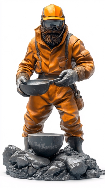 身穿橙色防护服的矿工雕塑