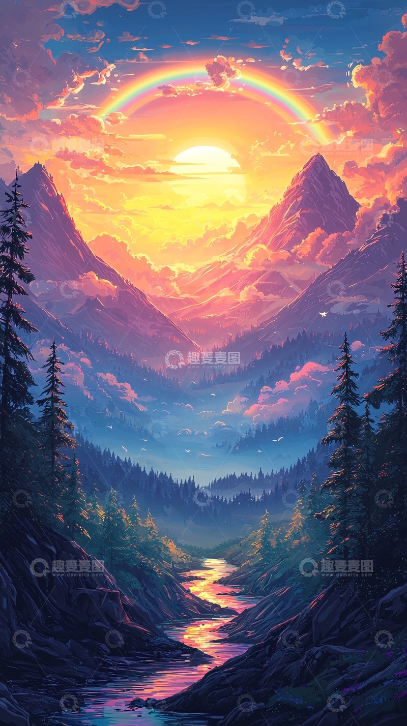 高清大图下载【趣麦麦图】山脉彩虹日落童话风景