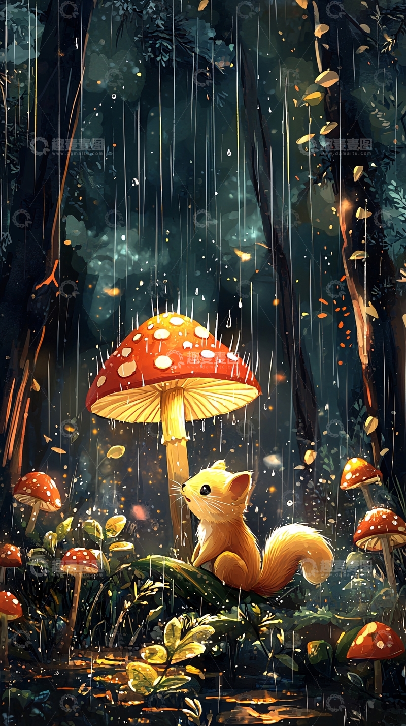 高清大图下载【趣麦麦图】雨中森林小松鼠蘑菇