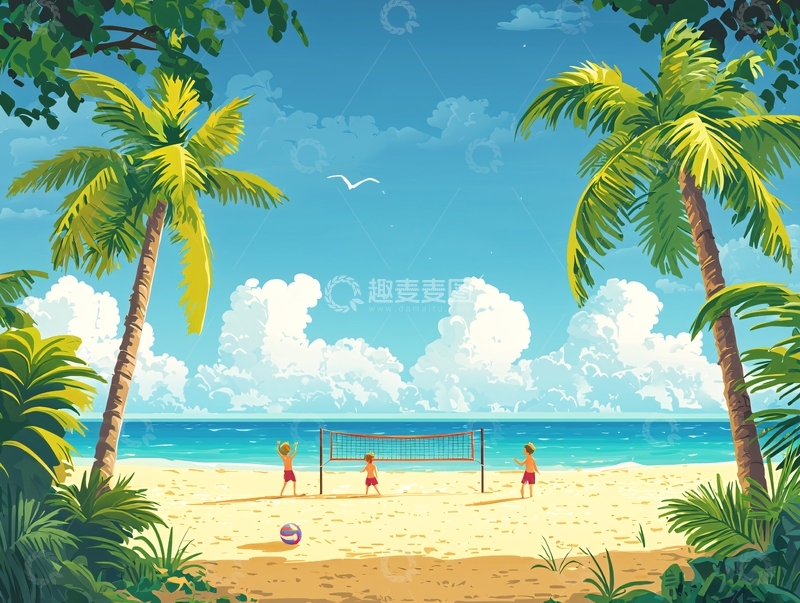 高清大图下载【趣麦麦图】海滩棕榈树的卡通画