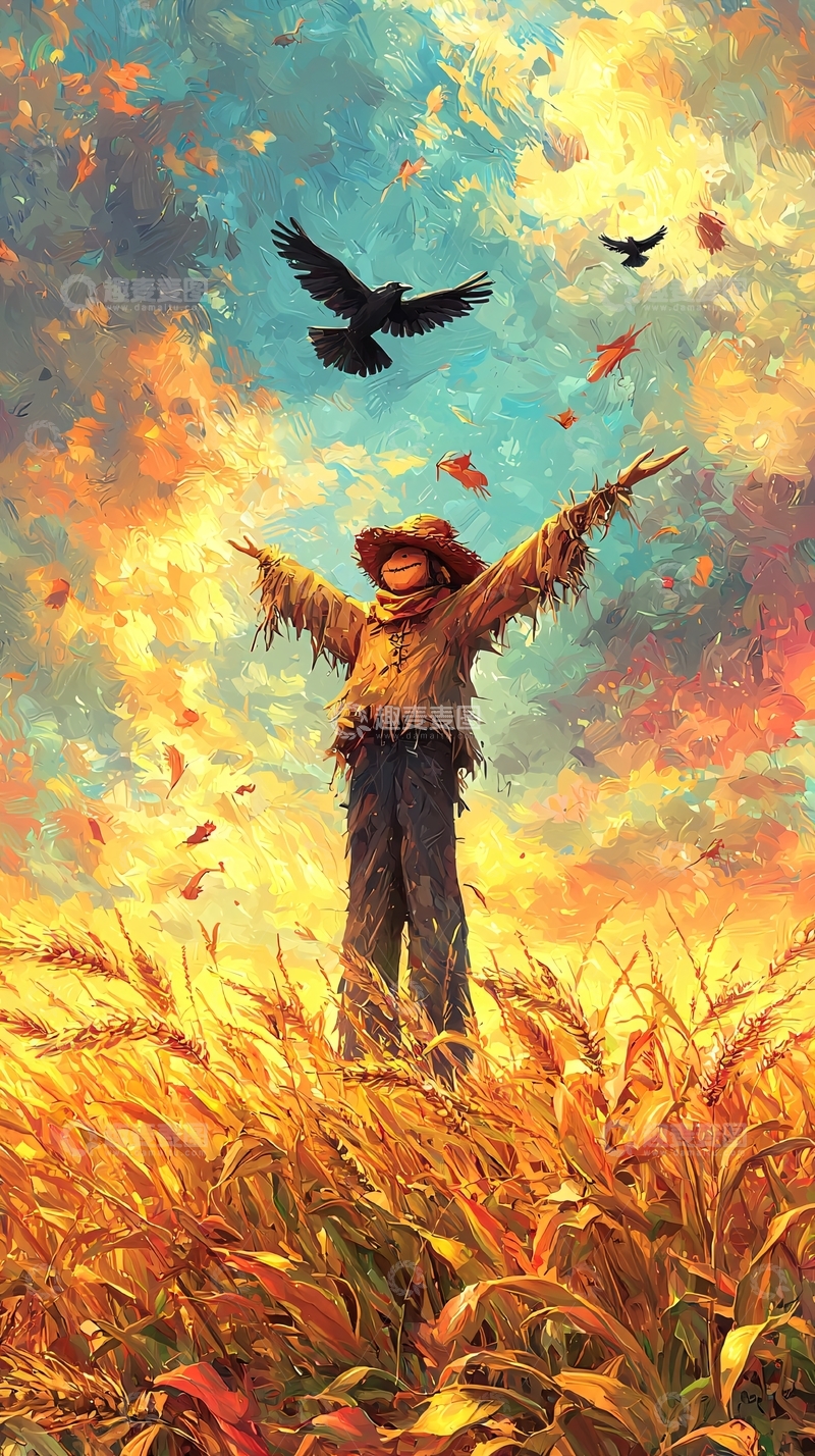 高清大图下载【趣麦麦图】稻草人站在麦田里