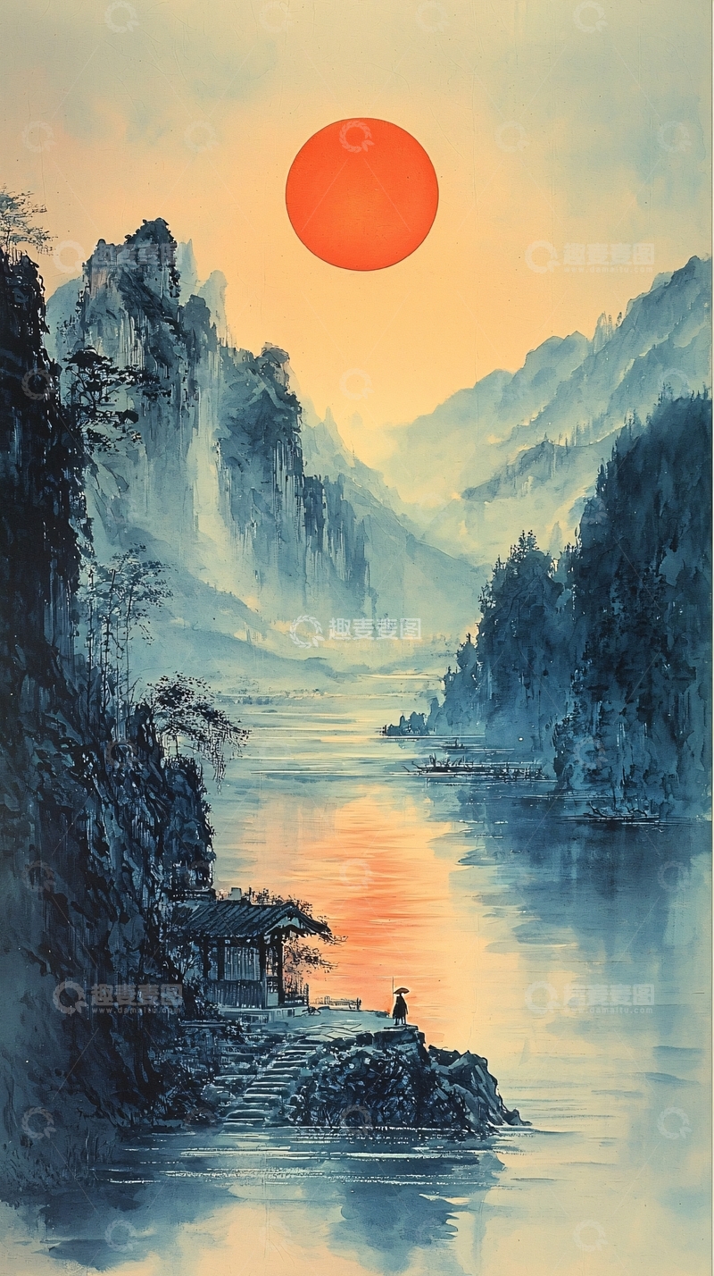 高清大图下载【趣麦麦图】水墨山水日出景色