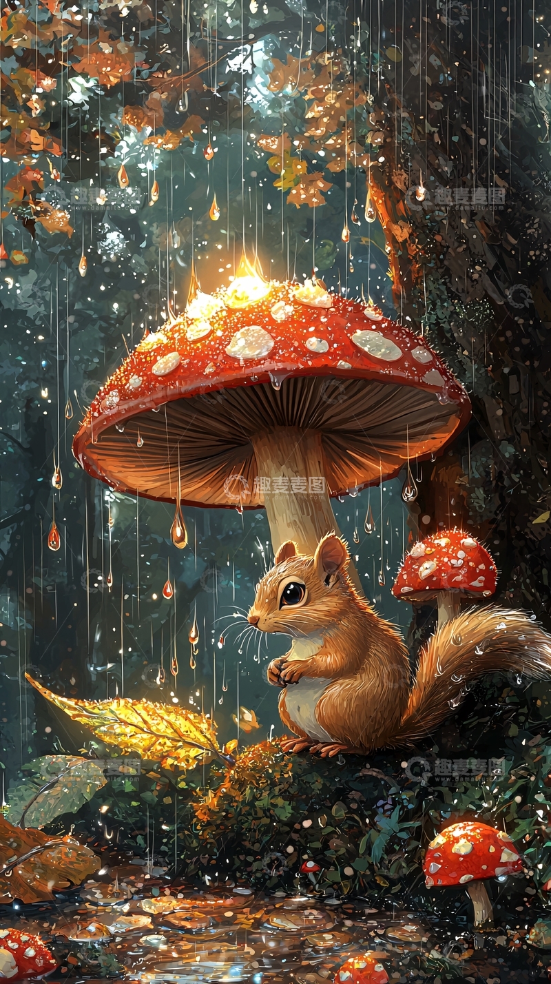高清大图下载【趣麦麦图】雨中蘑菇下的松鼠