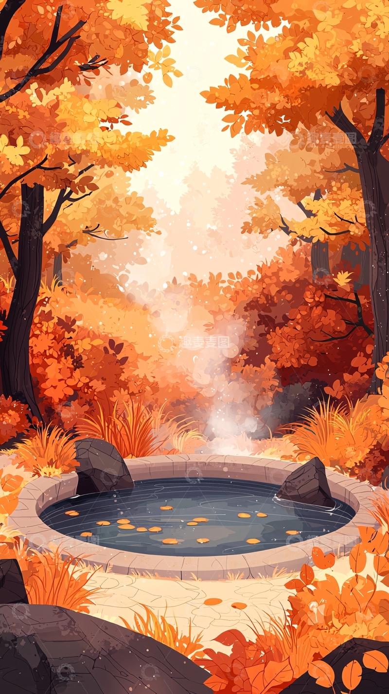 高清大图下载【趣麦麦图】秋日温泉池边静谧景色