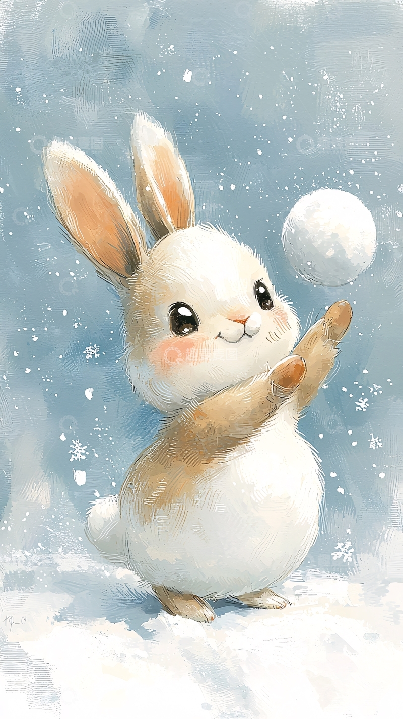 高清大图下载【趣麦麦图】雪地里玩雪球的可爱兔子