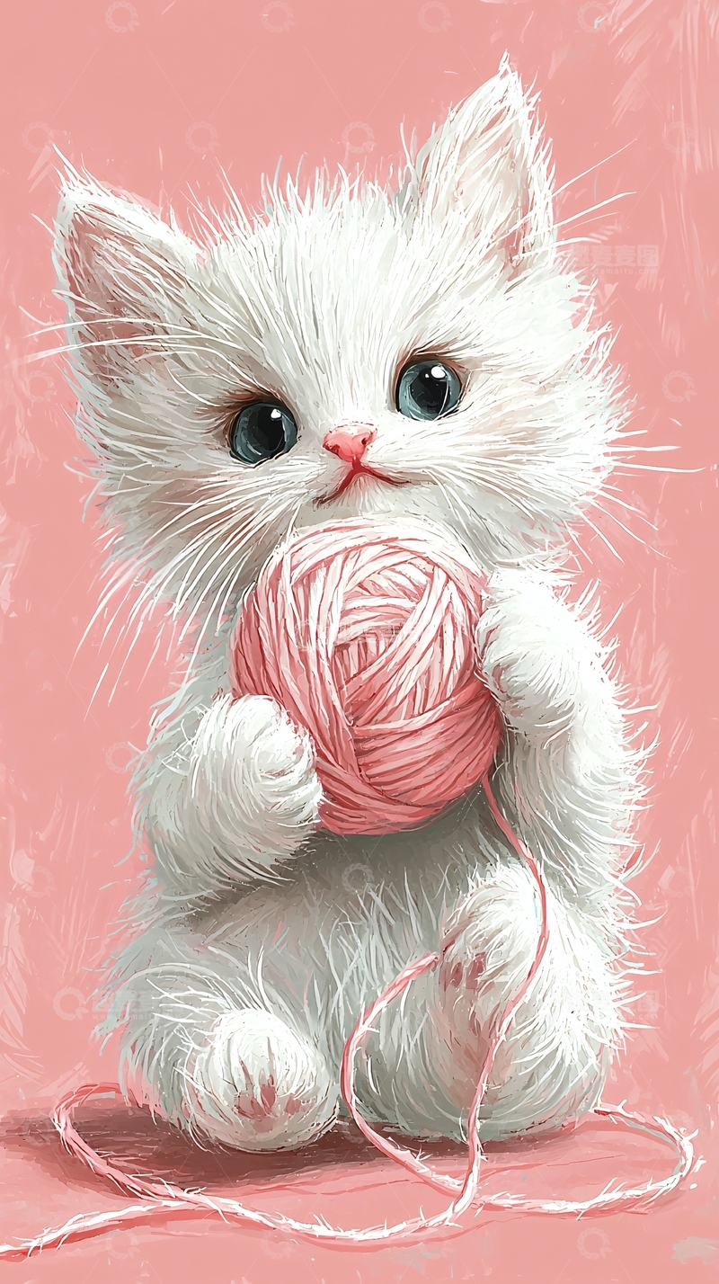 高清大图下载【趣麦麦图】可爱小猫抱着粉色毛线球