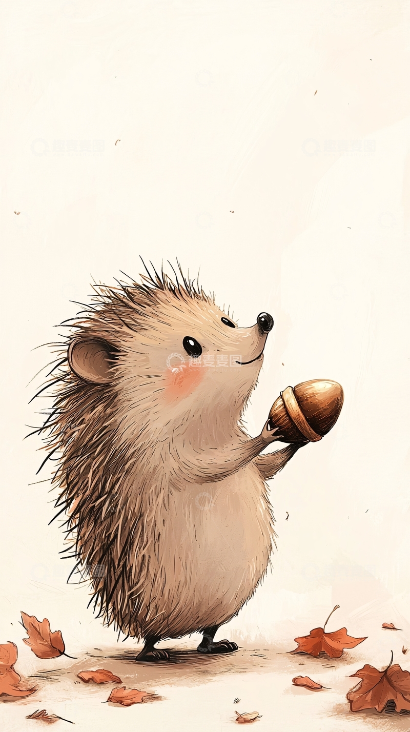 高清大图下载【趣麦麦图】可爱的小刺猬抱着橡果