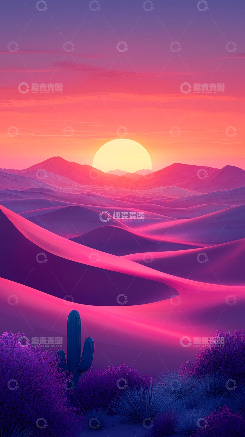高清大图下载【趣麦麦图】粉紫色沙漠日落奇观
