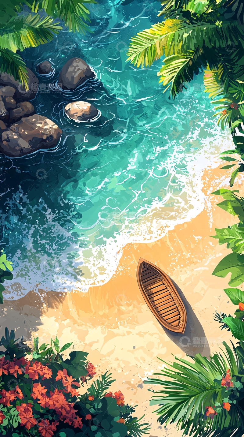 高清大图下载【趣麦麦图】热带海滩小船的俯视图
