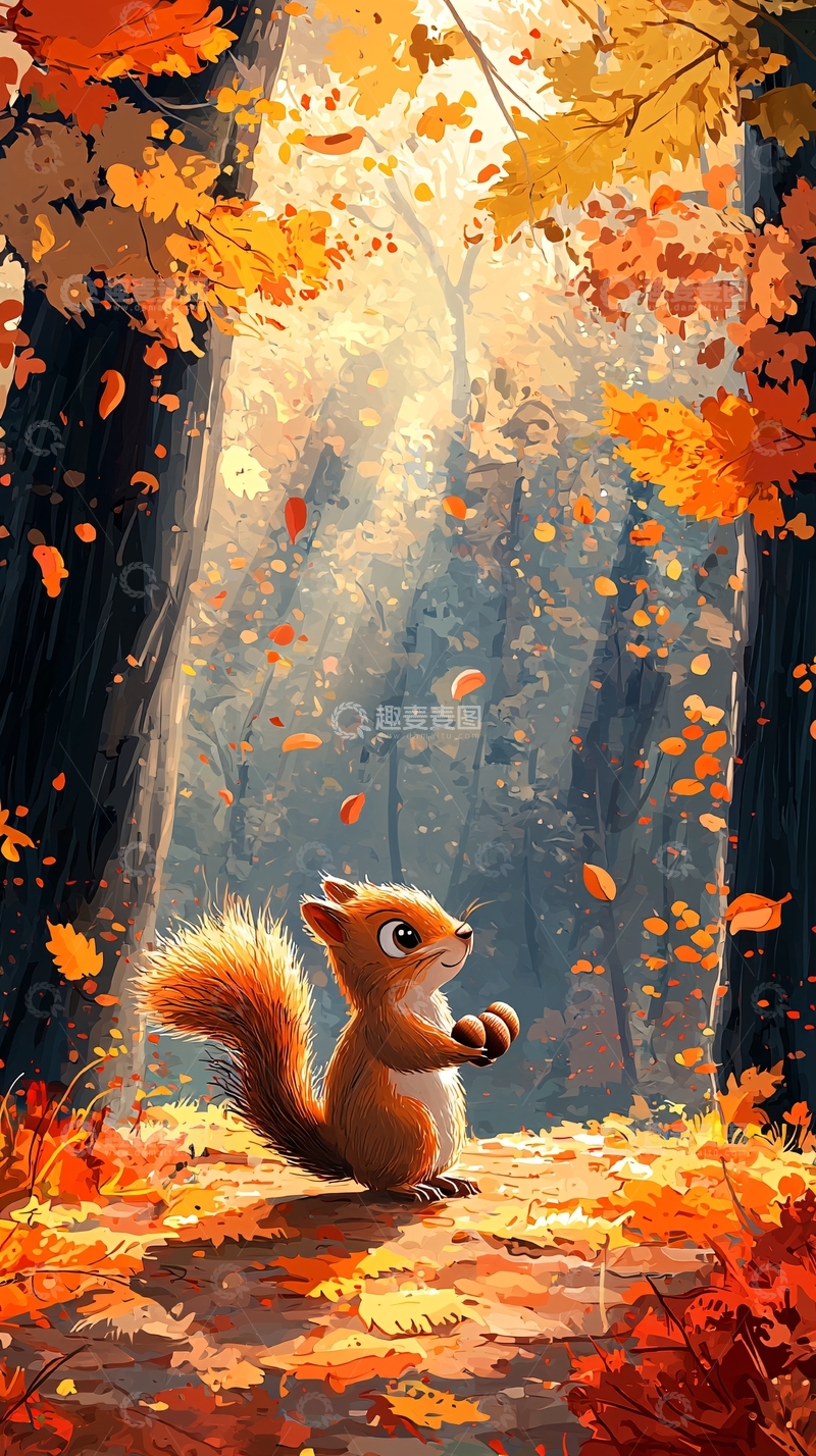高清大图下载【趣麦麦图】秋日森林里的可爱松鼠