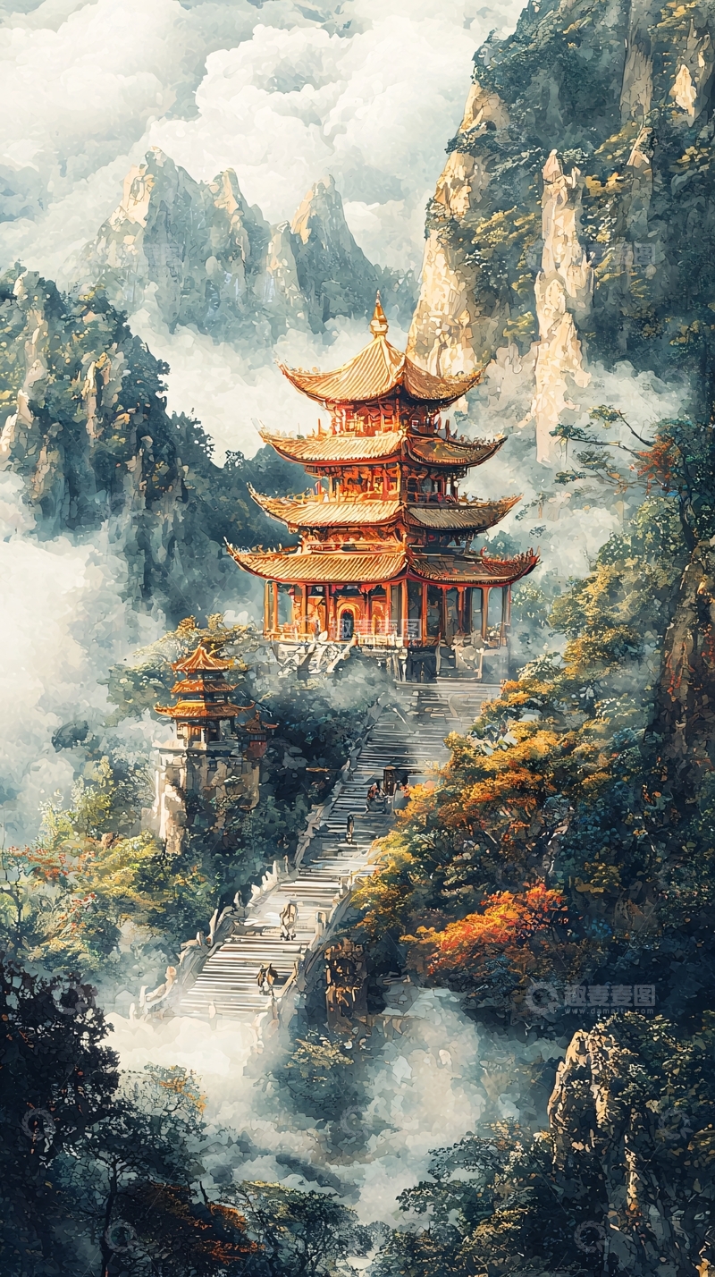 高清大图下载【趣麦麦图】仙境山峰古寺