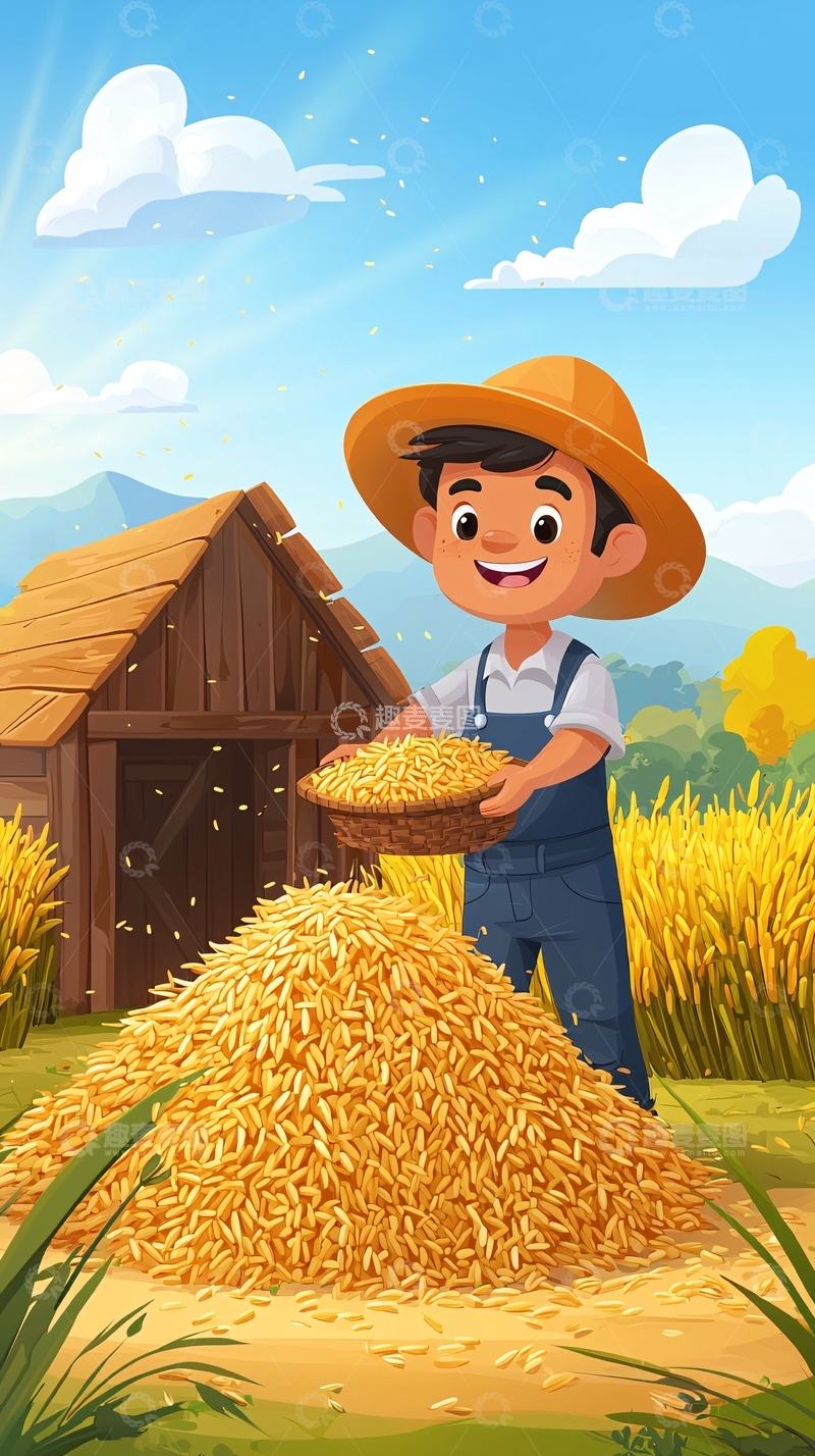 高清大图下载【趣麦麦图】农民收获稻谷的场景
