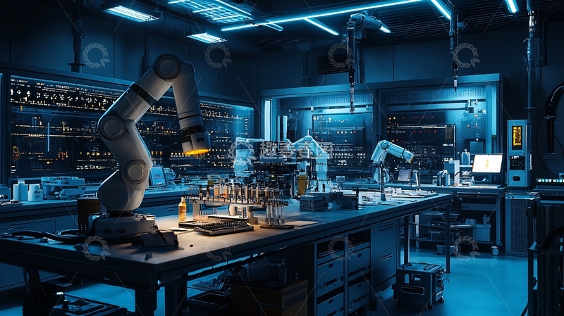 高清大图下载【趣麦麦图】蓝色灯光下的高科技实验室