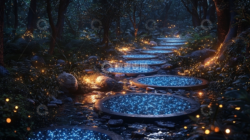 高清大图下载【趣麦麦图】幽暗森林小溪萤火石路