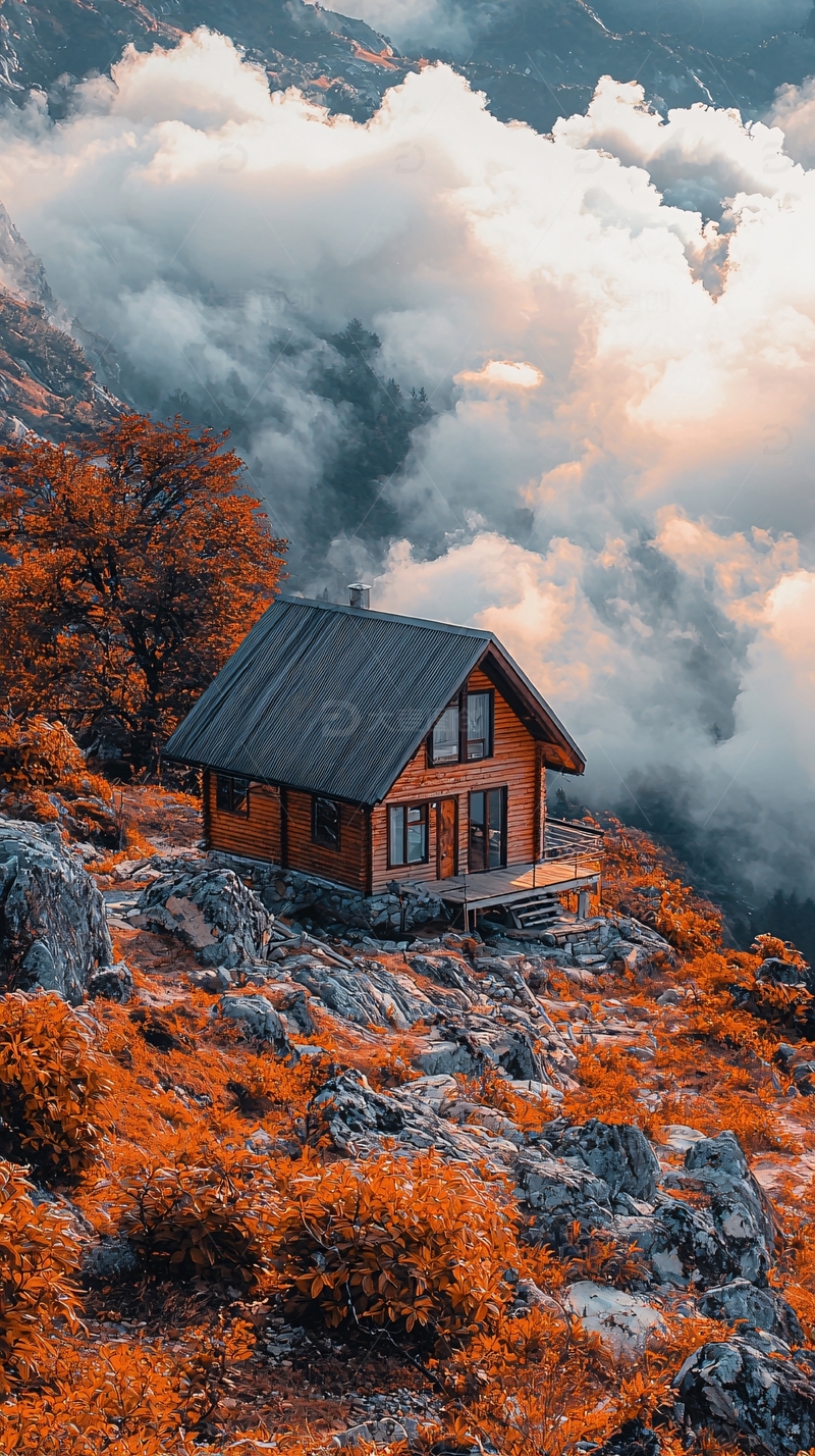 山顶木屋云海秋景