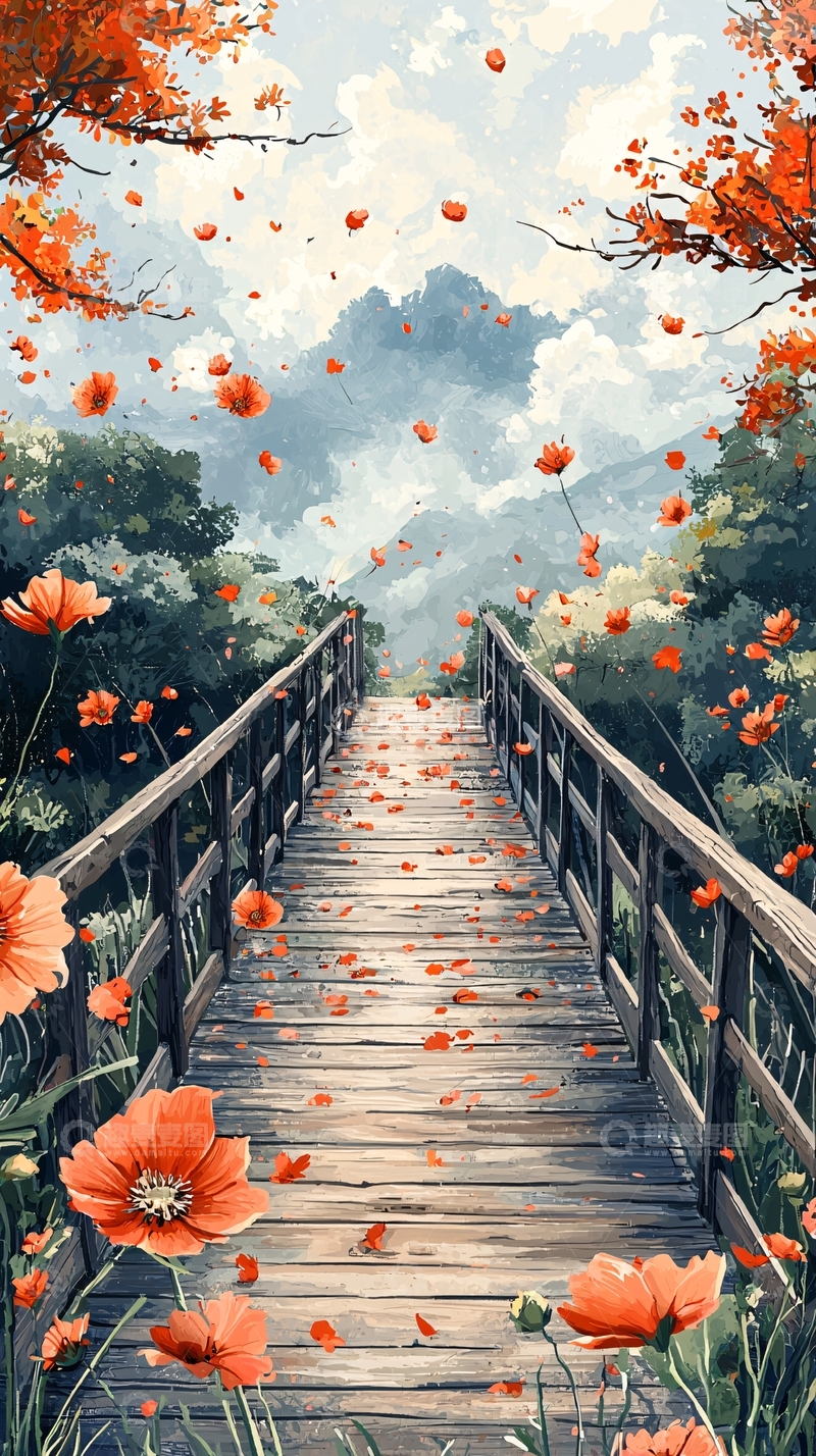 高清大图下载【趣麦麦图】秋日木桥通向远方美景
