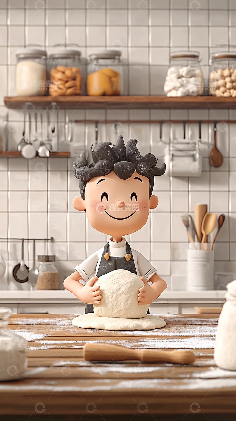 高清大图下载【趣麦麦图】卡通男孩在厨房揉面