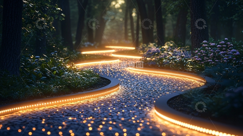 高清大图下载【趣麦麦图】森林小路灯光