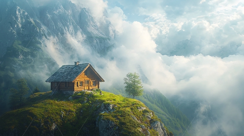 山顶木屋云海日出