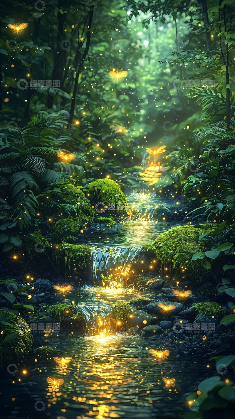 高清大图下载【趣麦麦图】森林小溪萤火虫闪耀