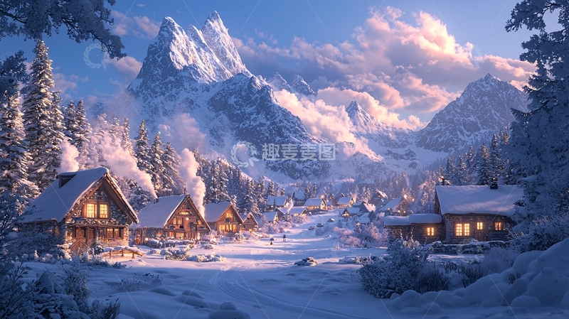 高清大图下载【趣麦麦图】雪山村庄冬季景色