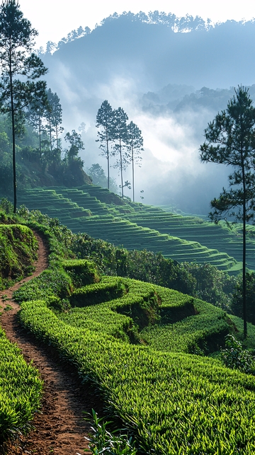 翠绿茶园的晨雾