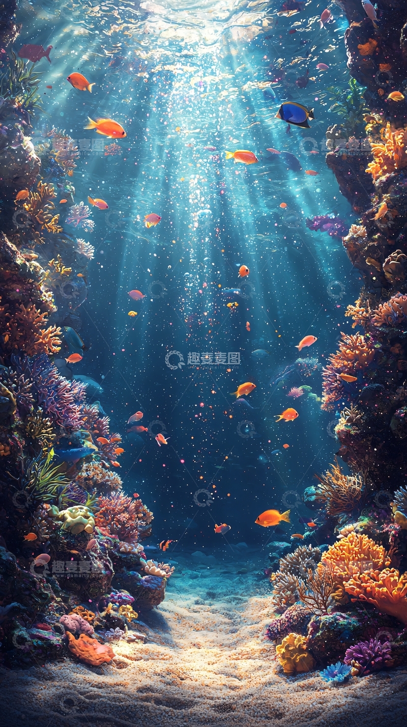 高清大图下载【趣麦麦图】海底珊瑚礁鱼群阳光