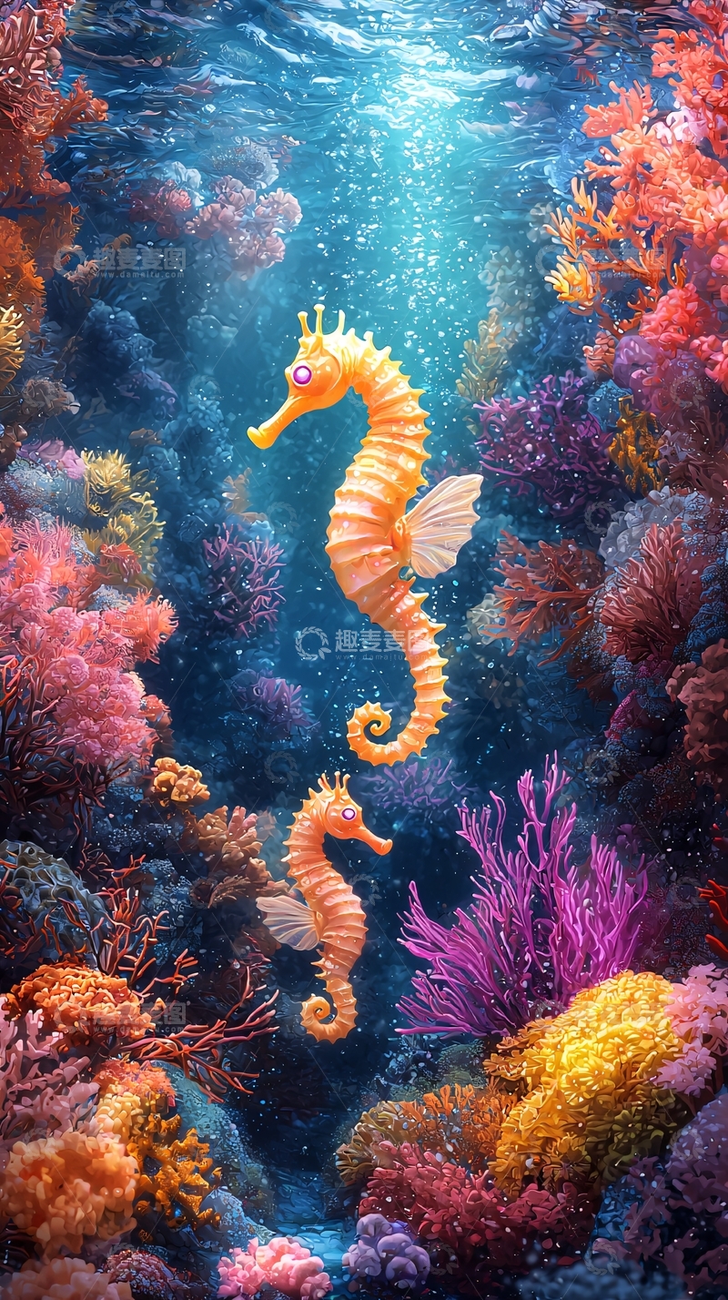 高清大图下载【趣麦麦图】水中两只卡通海马的场景