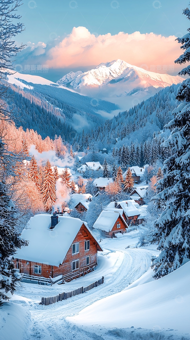 高清大图下载【趣麦麦图】雪山村庄冬季景色