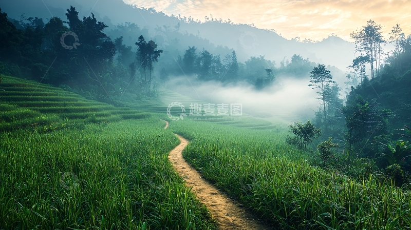 高清大图下载【趣麦麦图】雾气缭绕的山间田园小路