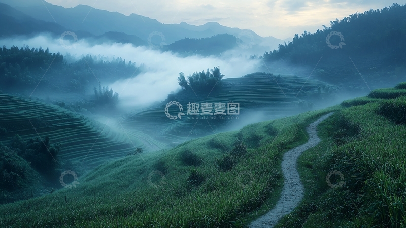 高清大图下载【趣麦麦图】雾气缭绕的山间小路