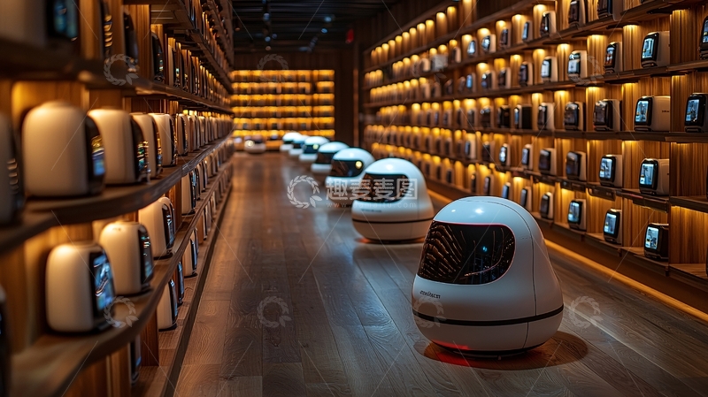 高清大图下载【趣麦麦图】木质书架陈列室机器人
