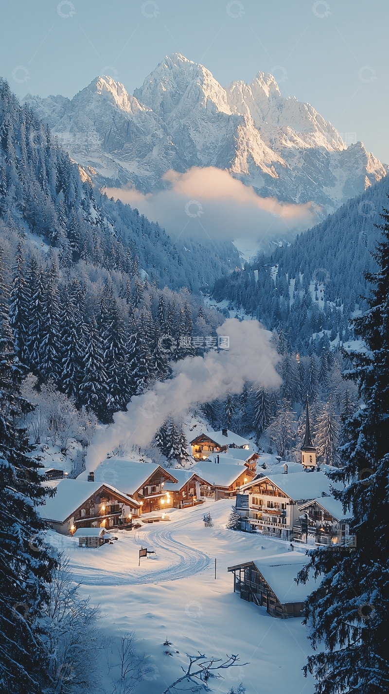 高清大图下载【趣麦麦图】雪山下的村庄