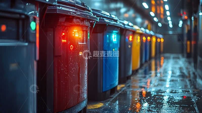 高清大图下载【趣麦麦图】夜晚雨中智能垃圾桶