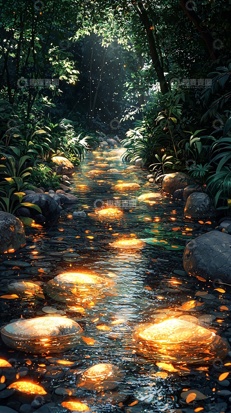 高清大图下载【趣麦麦图】森林小溪金光闪闪