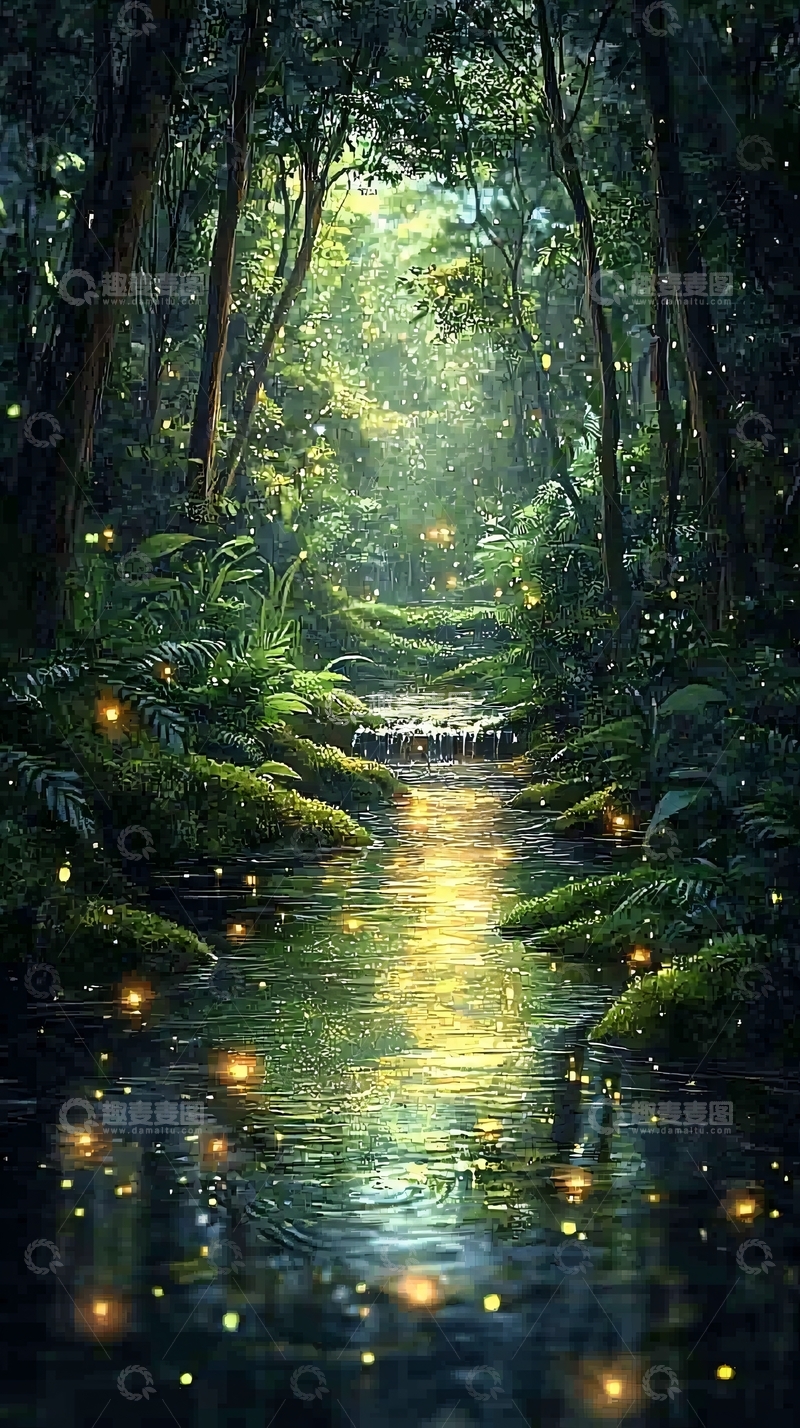 高清大图下载【趣麦麦图】萤火虫森林小溪