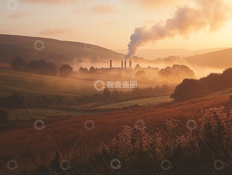 高清大图下载【趣麦麦图】-清晨薄雾山谷工厂