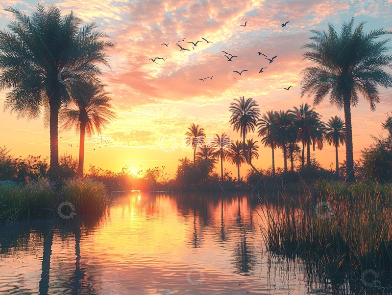 高清大图下载【趣麦麦图】日落椰树湖泊风景